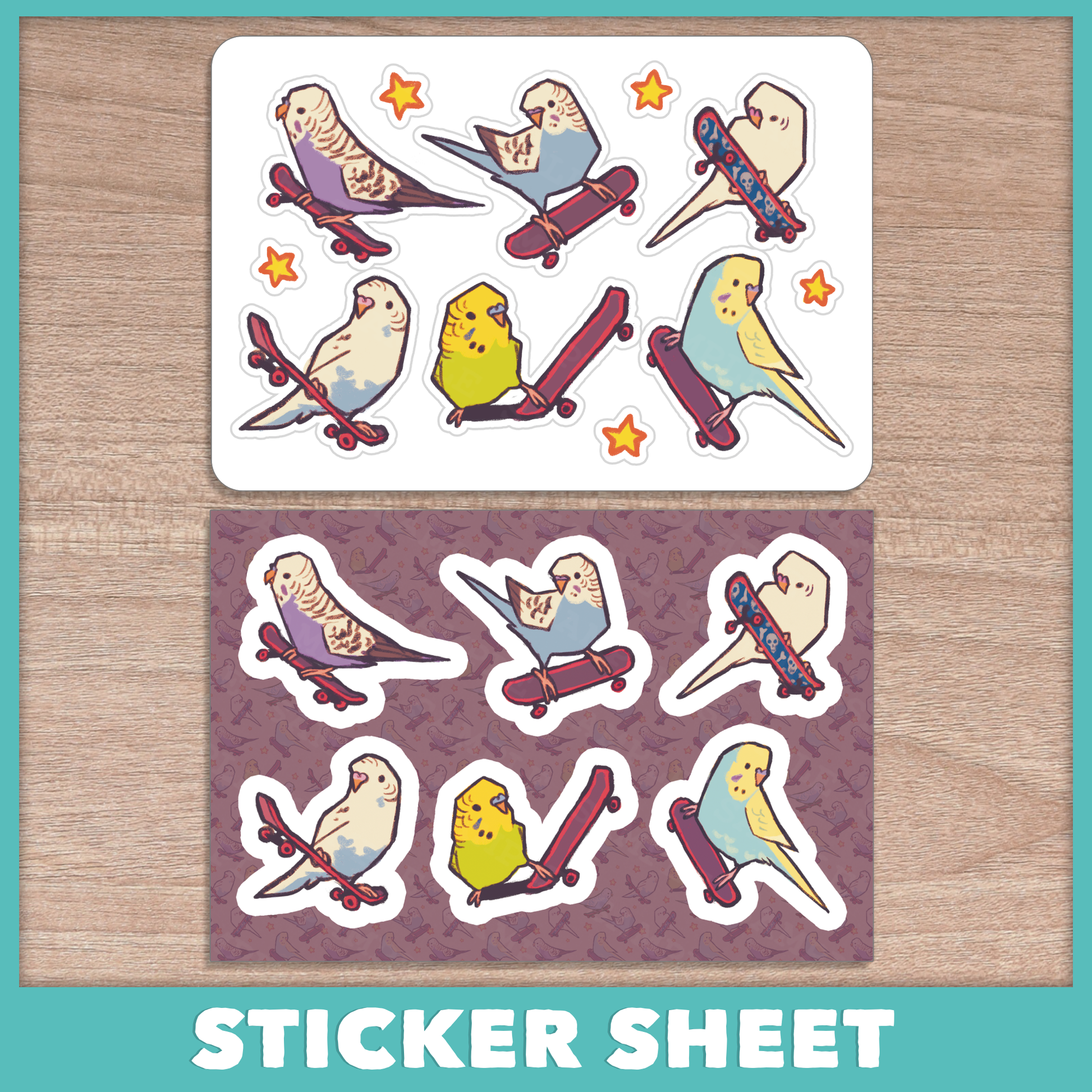 Skater Budgies Sticker Sheet