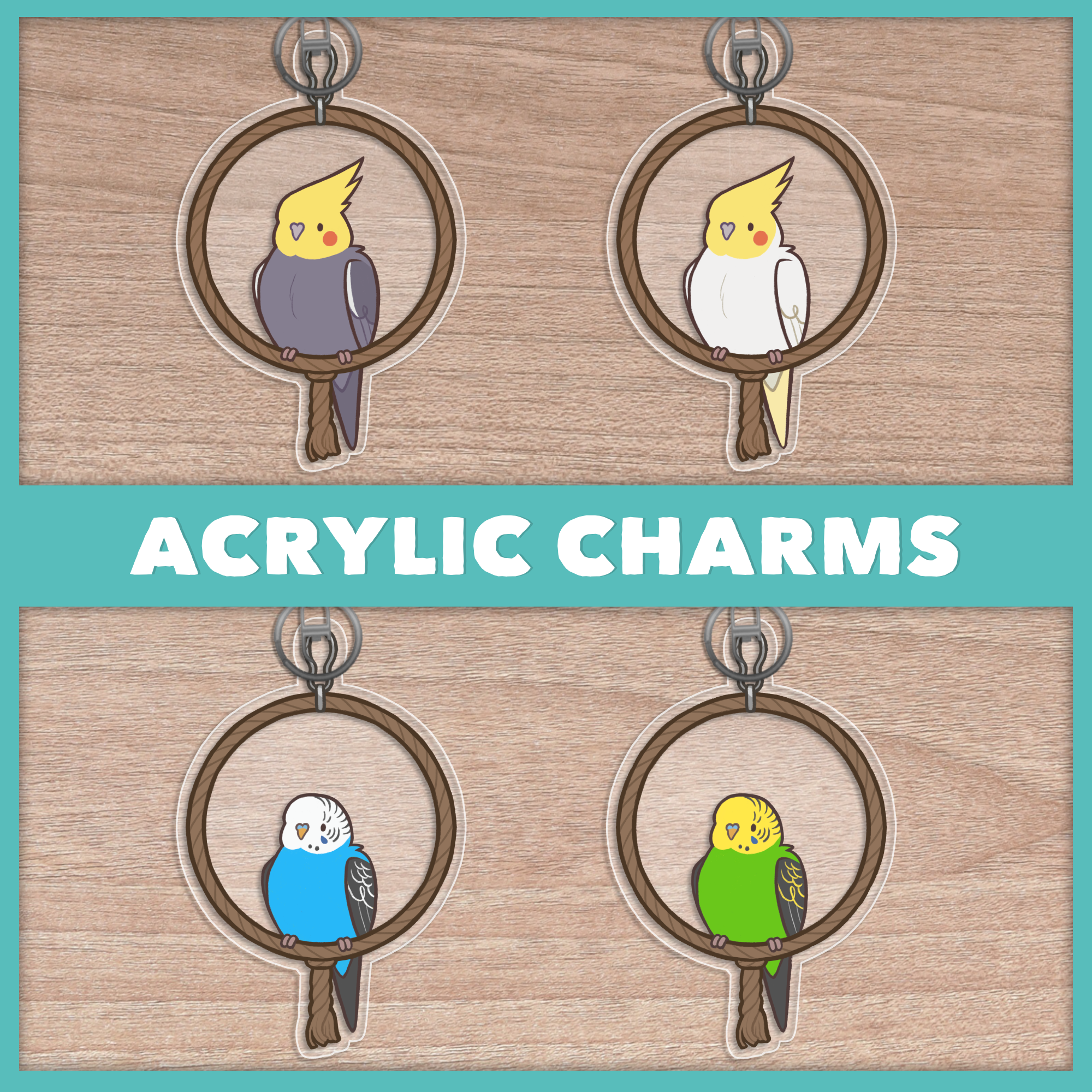 Ring Swing Buddies Acrylic Charm Keychains (Cockatiels + Budgies)